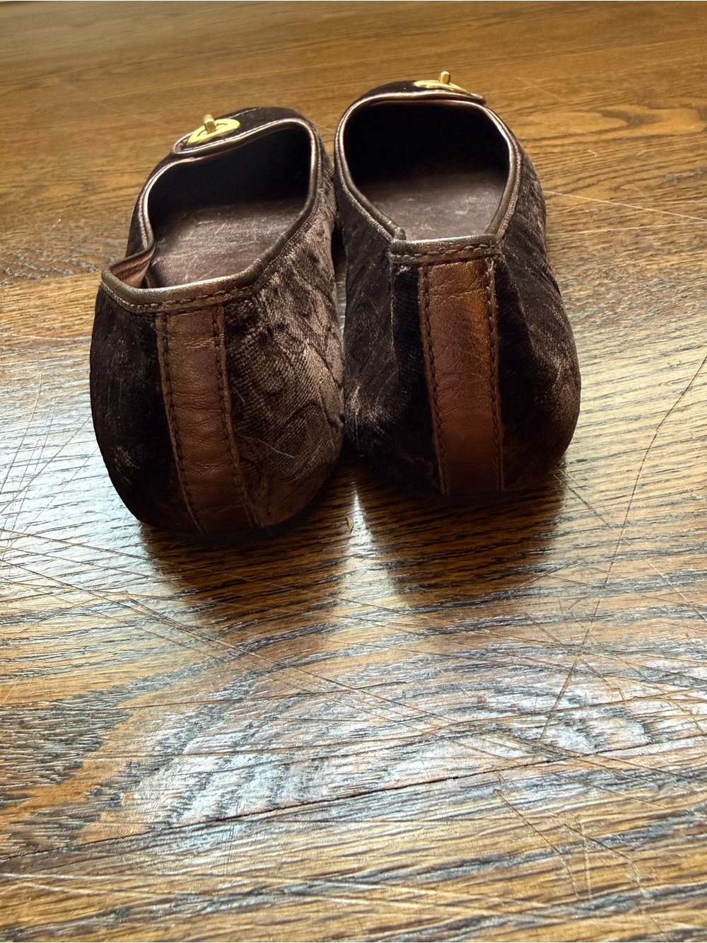 Coach Brown Velvet Ballet Flats with Gold Turnlock - Picture 3 of 4